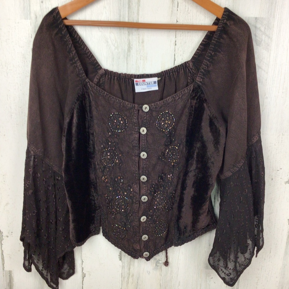 Vtg 90s Y2K The Counter Blouse Lace Beads Gypsy Renaissance Brown whimsygoth